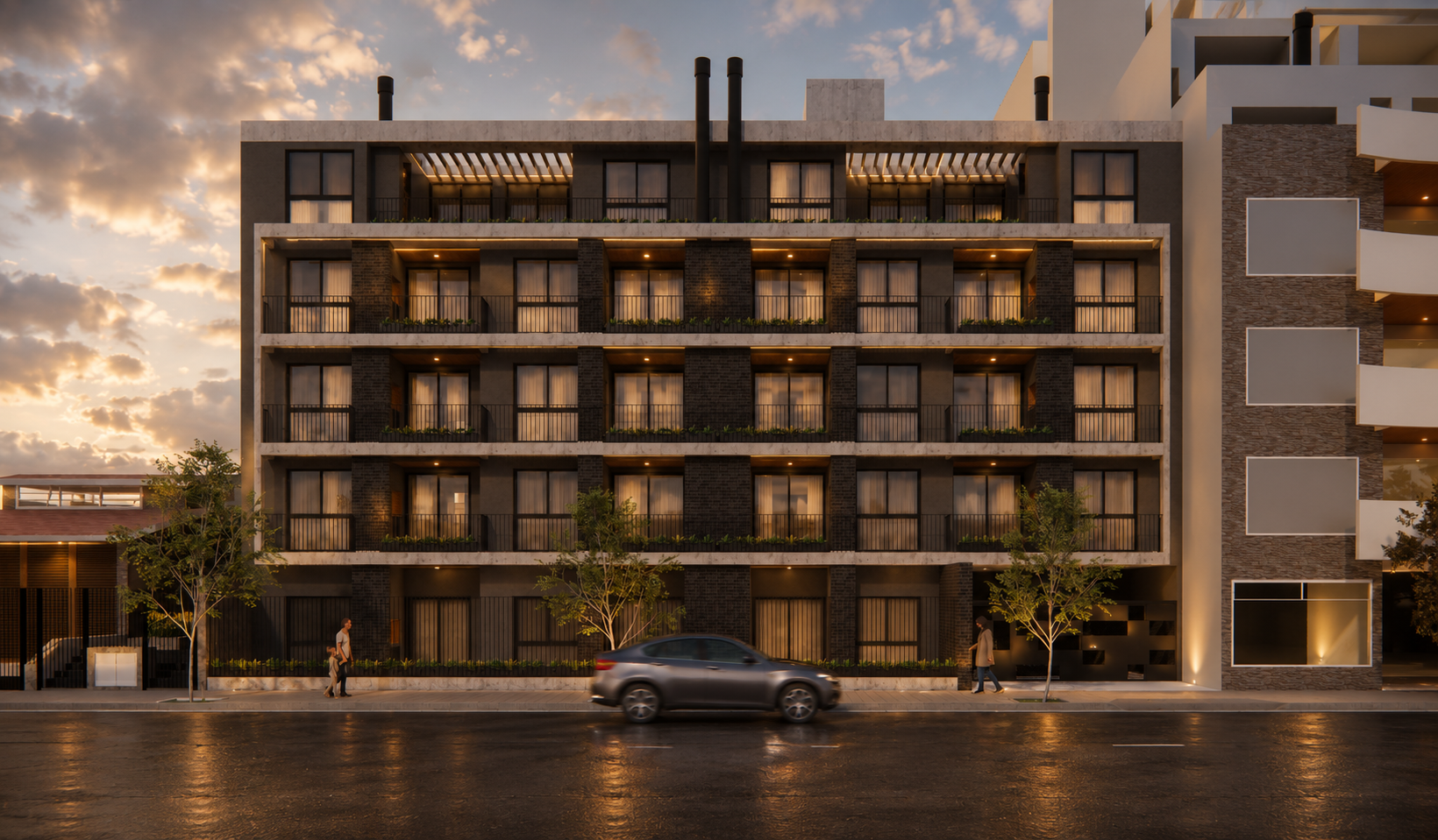 Güemes 445 — render de fachada al atardecer